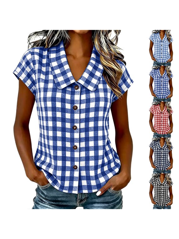 Women's Gingham Plaid Short Sleeve Button Down Shirt Summer Fashion Casual Check Blouse Top