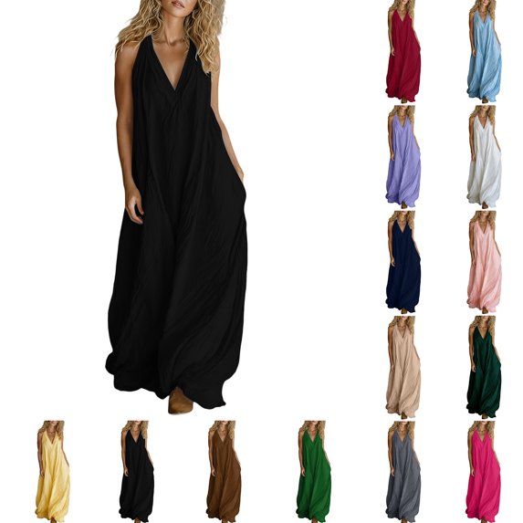 Zpzdpjkx Women's Halter Neck Sleeveless Maxi Dress Loose V-Neck Casual Summer Dress with Pockets