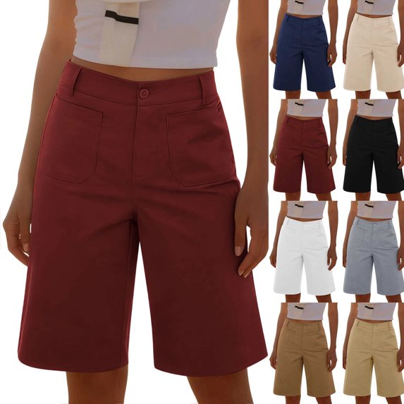 Zpzdpjkx Women's High Waist Stretch Bermuda Shorts, Casual Solid Twill Knee-Length Shorts with Pockets