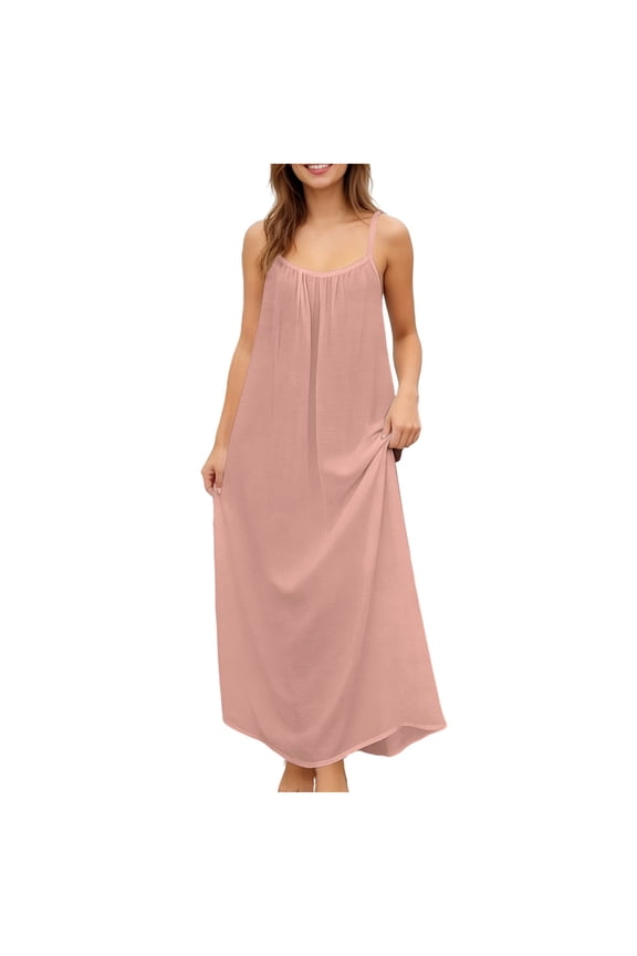 Women's Lace Trims Backless Spaghetti Strap Maxi Dress Boho Flowy Beach Cover-Up Dress for Summer Vacation Pink 2XL