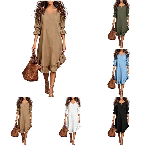 Zpzdpjkx Women's Notched V Neck 3/4 Sleeve Cotton Linen Midi Dress Loose Fit Irregular Ruffle Hem Casual Summer Dresses for Women