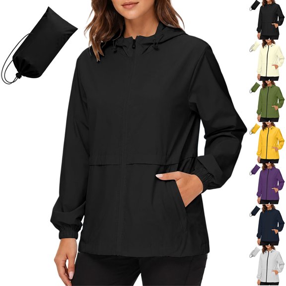 Zpzdpjkx Women's Packable Hooded Rain Jacket, Waterproof Hiking Windbreaker Coat with Zipper Pockets and Storage Bag