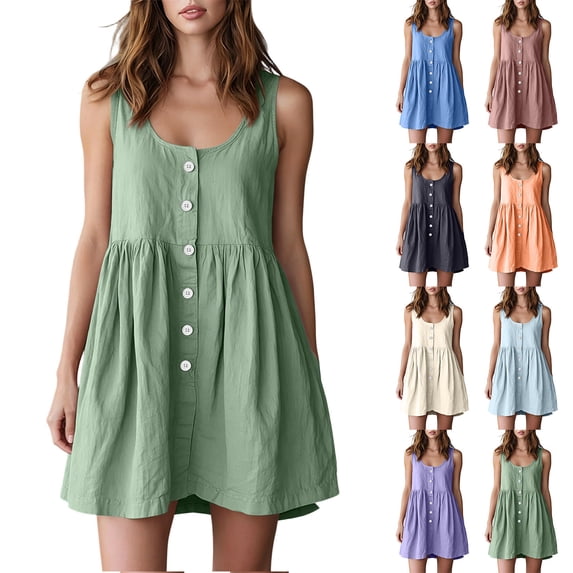 Zpzdpjkx Women's Sleeveless Washed Pleated Mini Dress, Summer Casual Round Neck Button Down Loose Sundress with Pockets