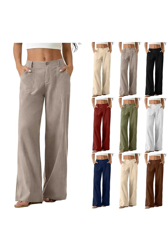 Women's Solid Color High Waist Wide Leg Pants Elastic Waist Cotton Linen Look Casual Trousers with Pockets Khaki XL