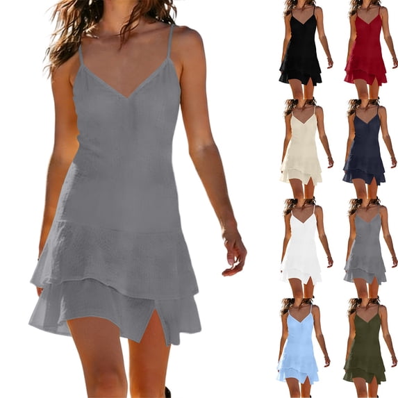 Zpzdpjkx Women's Solid Cotton Linen Cami Mini Dress V-Neck Tiered Ruffle Spaghetti Strap A-Line Summer Dresses for Women