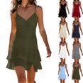 thumbnail image 1 of Zpzdpjkx Women's Solid Cotton Linen Cami Mini Dress V-Neck Tiered Ruffle Spaghetti Strap A-Line Summer Dresses for Women, 1 of 8