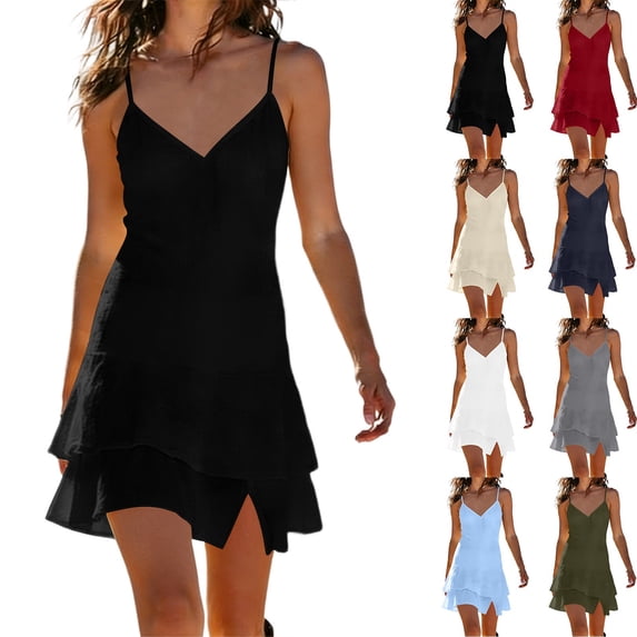 Zpzdpjkx Women's Solid Cotton Linen Cami Mini Dress V-Neck Tiered Ruffle Spaghetti Strap A-Line Summer Dresses for Women