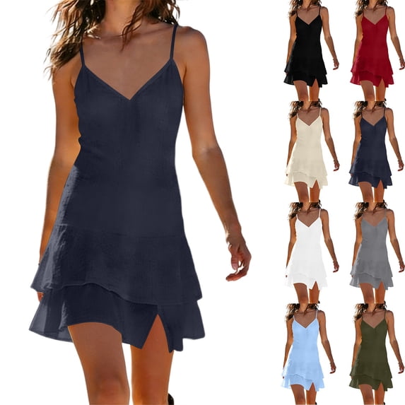 Zpzdpjkx Women's Solid Cotton Linen Cami Mini Dress V-Neck Tiered Ruffle Spaghetti Strap A-Line Summer Dresses for Women