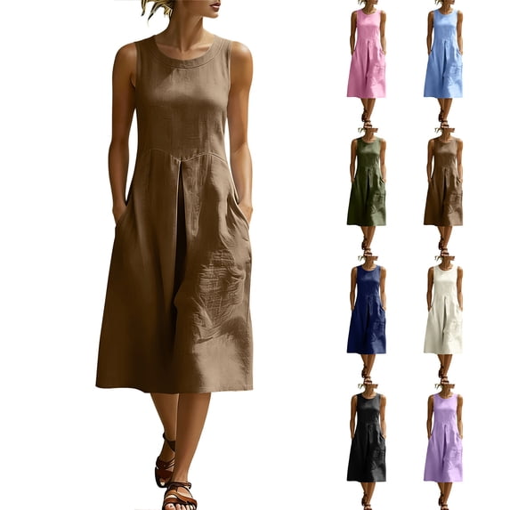 Zpzdpjkx Women's Solid Sleeveless Cotton Linen Midi Dress Round Neck Casual A-Line Summer Dress with Pockets