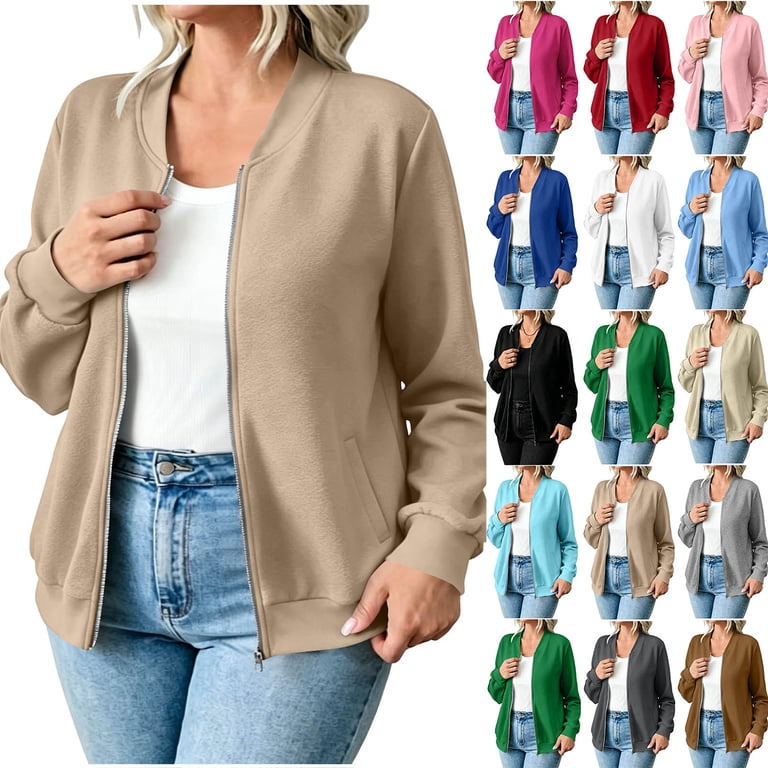 Zpzdpjkx Women's Solid Zip Up Bomber Jacket, Long Sleeve Stand