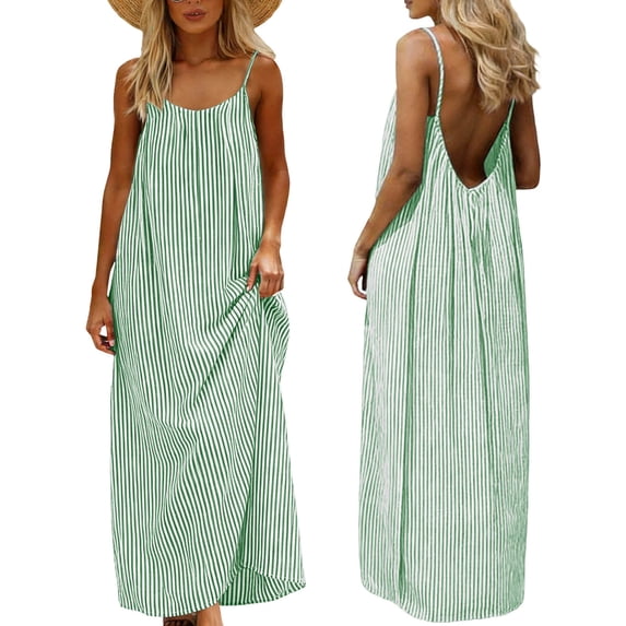 Zpzdpjkx Women's Summer Backless Cotton Linen Cami Dresses Fashion Loose Striped Maxi Boho Beach Sundress Light Green ① S