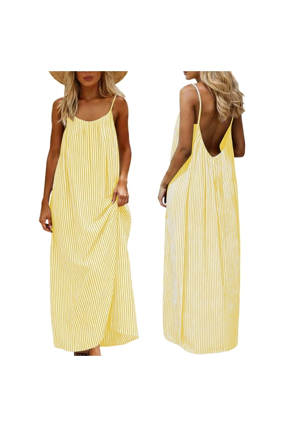 Women's Summer Backless Cotton Linen Cami Dresses Fashion Loose Striped Maxi Boho Beach Sundress Yellow ① L