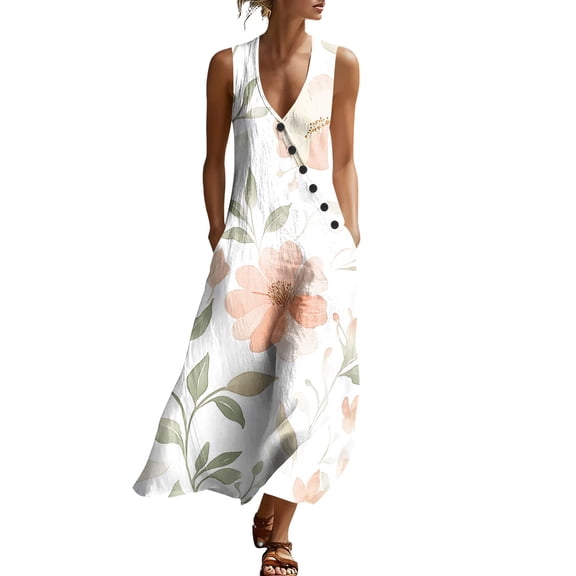 Zpzdpjkx Women's Summer Boho Floral Tank Dress Lightweight Button Front Pocketed Casual Loose Beach Maxi Dress Multicolor 2XL