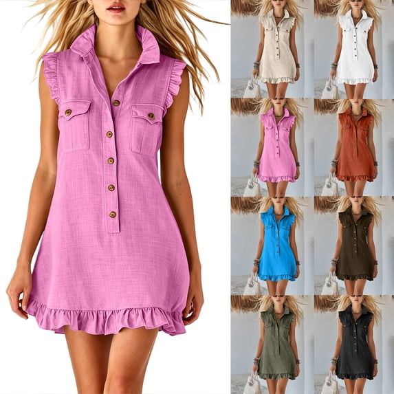 Zpzdpjkx Women's Summer Casual Ruffle Mini Dresses V-Neck Sleeveless Solid Shirt Dress with Pockets
