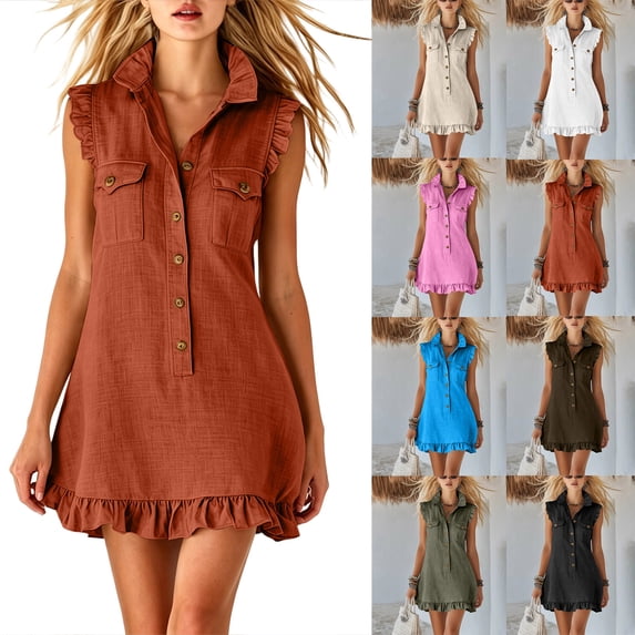 Zpzdpjkx Women's Summer Casual Ruffle Mini Dresses V-Neck Sleeveless Solid Shirt Dress with Pockets
