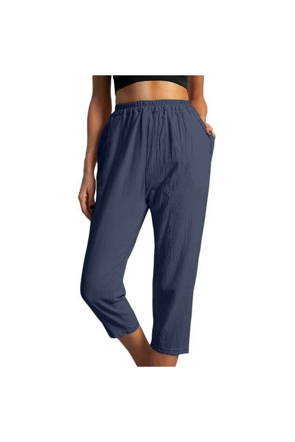 Women's Summer Cotton Linen Capris Casual Drawstring Workout Lounge Yoga Pants with Pockets
