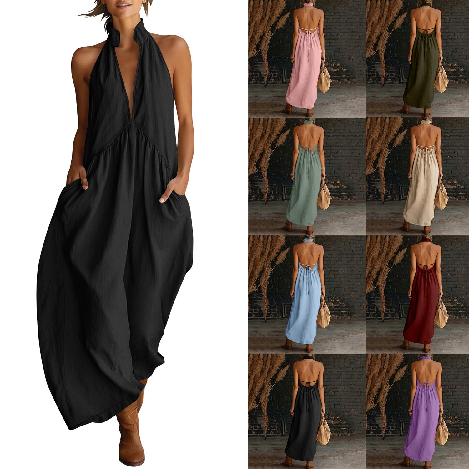 tied halter open back cotton linen midi dress Zpzdpjkx Women's Summer Neck Maxi Backless Tie-Back Sleeveless A-Line Vacation Long Dress with Pockets, Size: 2XL, Blue Mens Fashion Magazines