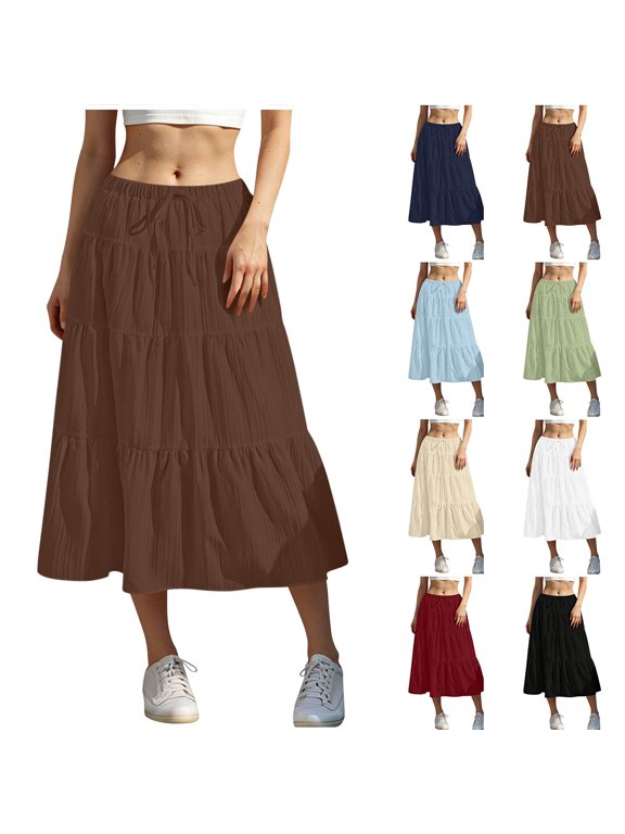 Women's Summer Solid Tiered Midi Skirt with Pockets Elastic Drawstring Waist Pleated Flowing Swing Skirt