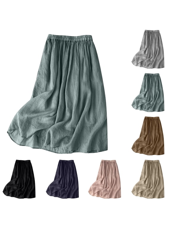 Women's Summer Vintage Cotton Linen Midi Skirt Loose Elastic Waist Pleated Flowing Long Skirt