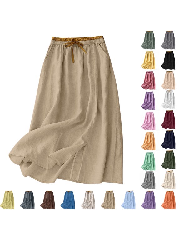 Women's Summer Vintage Cotton Linen Midi Skirt Loose Elastic Waist Pleated Flowing Long Skirt