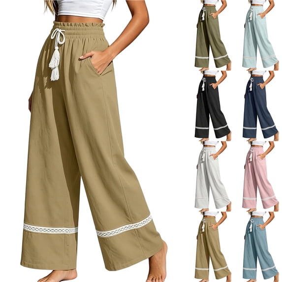 Zpzdpjkx Women's Tassel Drawstring Wide Leg Pants Loose Flowy Trousers with Side Pockets Summer Boho Beach Casual Long Linen Pants