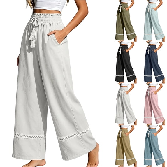 Zpzdpjkx Women's Tassel Drawstring Wide Leg Pants Loose Flowy Trousers with Side Pockets Summer Boho Beach Casual Long Linen Pants