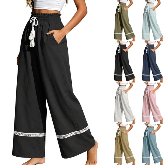Zpzdpjkx Women's Tassel Drawstring Wide Leg Pants Loose Flowy Trousers with Side Pockets Summer Boho Beach Casual Long Linen Pants