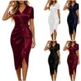 thumbnail image 1 of Zpzdpjkx Women's V Neck Short Sleeve Satin Midi Wrap Dress Ruched Waist Bow High Split Bodycon Cocktail Party Wedding Guest Evening Dress, 1 of 9