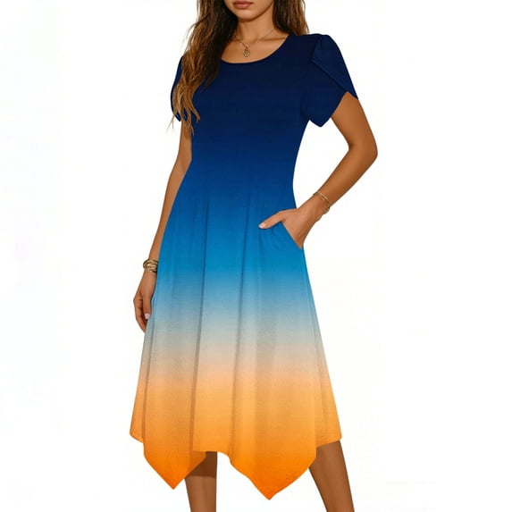 Zpzdpjkx Women's Vintage Summer Dress Casual Crewneck Short Sleeve Flowy Gradient A Line Dress with Asymmetric Hem