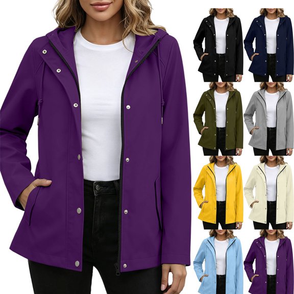 Zpzdpjkx Women's Waterproof Hooded Rain Jacket, Long Sleeve Zip-Up Windbreaker Coat with Drawstring
