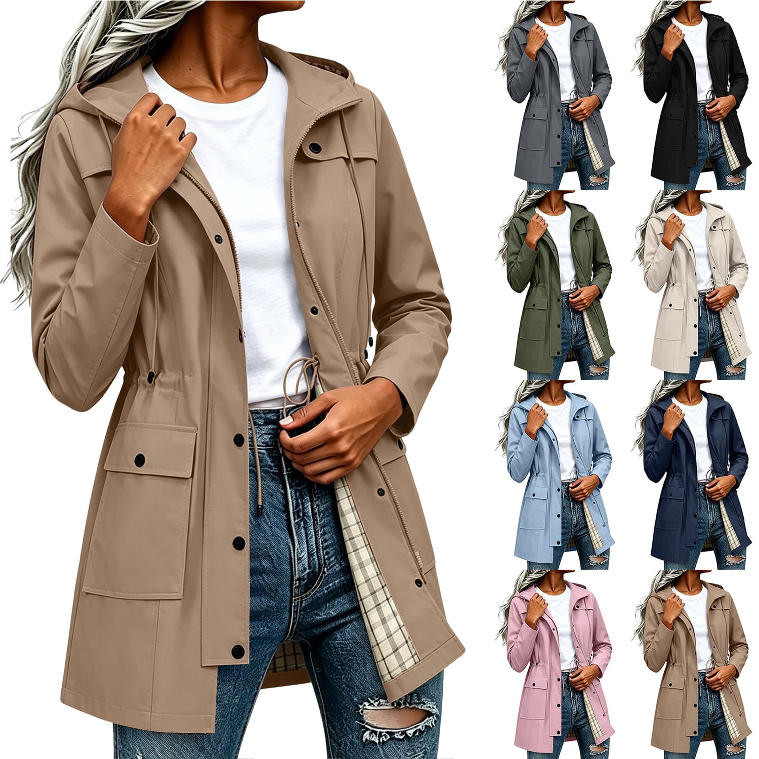 Zpzdpjkx Women's Waterproof Hooded Trench Coat Trendy Mid-Length