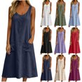 thumbnail image 1 of Zpzdpjkx Womens Cotton Linen Sleeveless Midi Dress, Crew Neck Button Front Cami Dress with Pockets, 1 of 7