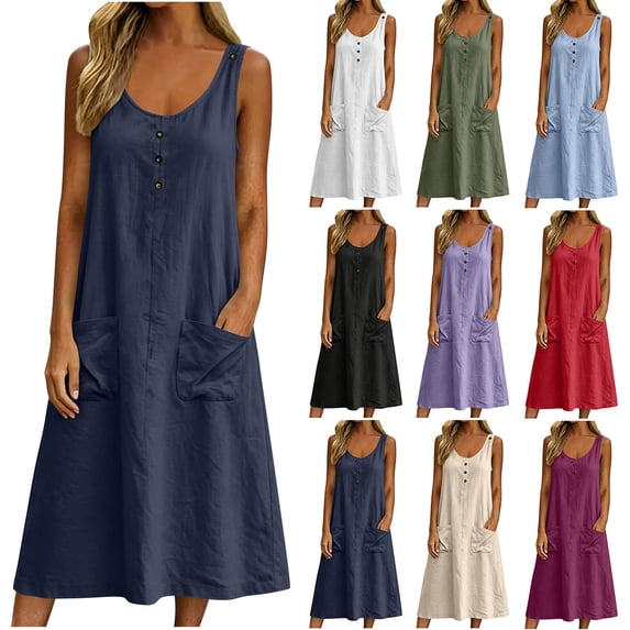 Zpzdpjkx Womens Cotton Linen Sleeveless Midi Dress, Crew Neck Button Front Cami Dress with Pockets