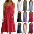 thumbnail image 1 of Zpzdpjkx Womens Cotton Linen Sleeveless Midi Dress, Crew Neck Button Front Cami Dress with Pockets, 1 of 7