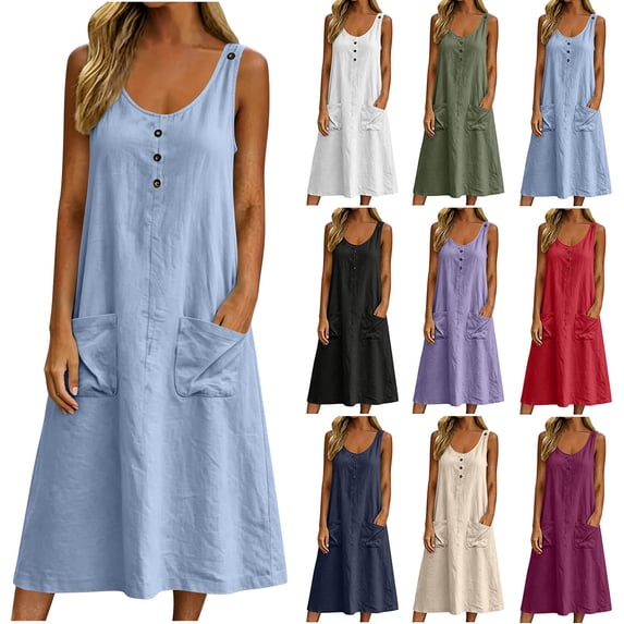 Zpzdpjkx Womens Cotton Linen Sleeveless Midi Dress, Crew Neck Button Front Cami Dress with Pockets