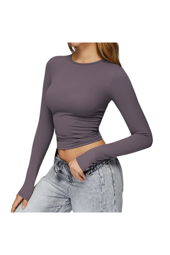 Womens Crop Workout Tops Trendy Slim Fitted Crew Neck Long Sleeve Going Out Tees Casual Soft Workout Yoga Shirts