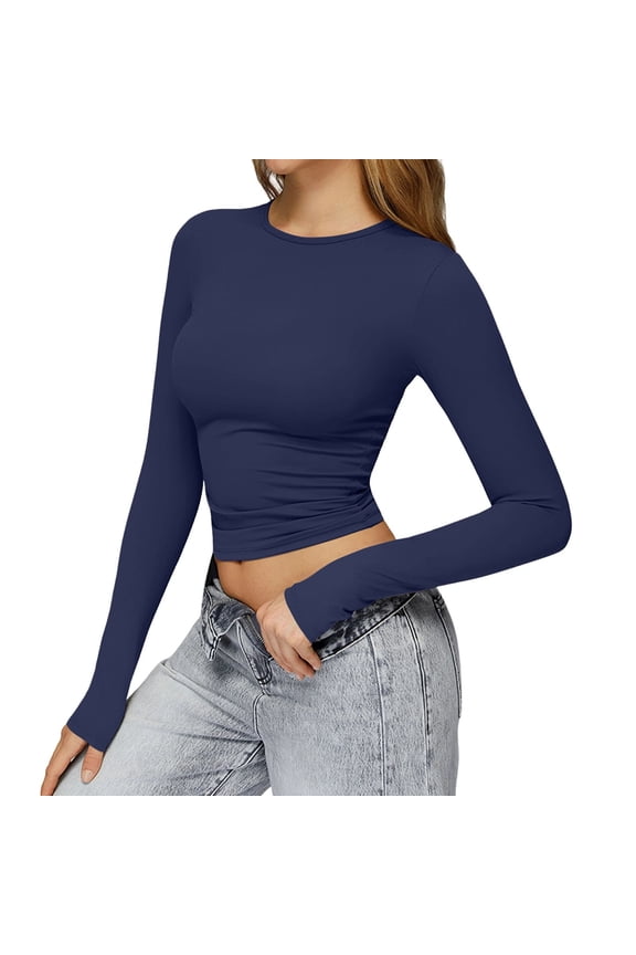 Womens Crop Workout Tops Trendy Slim Fitted Crew Neck Long Sleeve Going Out Tees Casual Soft Workout Yoga Shirts