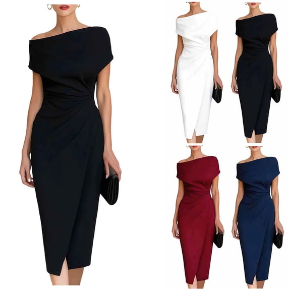 Zpzdpjkx Womens Off the Shoulder Cocktail Party Dress Back Zipper Asymmetric Ruched Waist Wrap Business Midi Sheath Dress