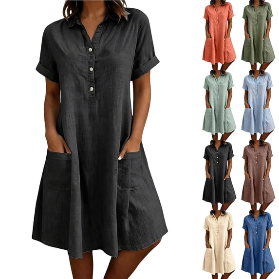 Zpzdpjkx Womens Short Sleeve Button Front Casual Tunic Dress with Pockets Summer Washed Cotton Linen Shirt Dress
