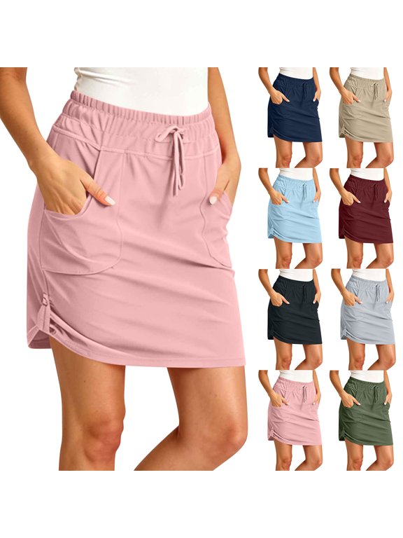 Womens Solid High Waist Cargo Mini Skort Lightweight Elastic Waist Casual Running Skirt with Pockets