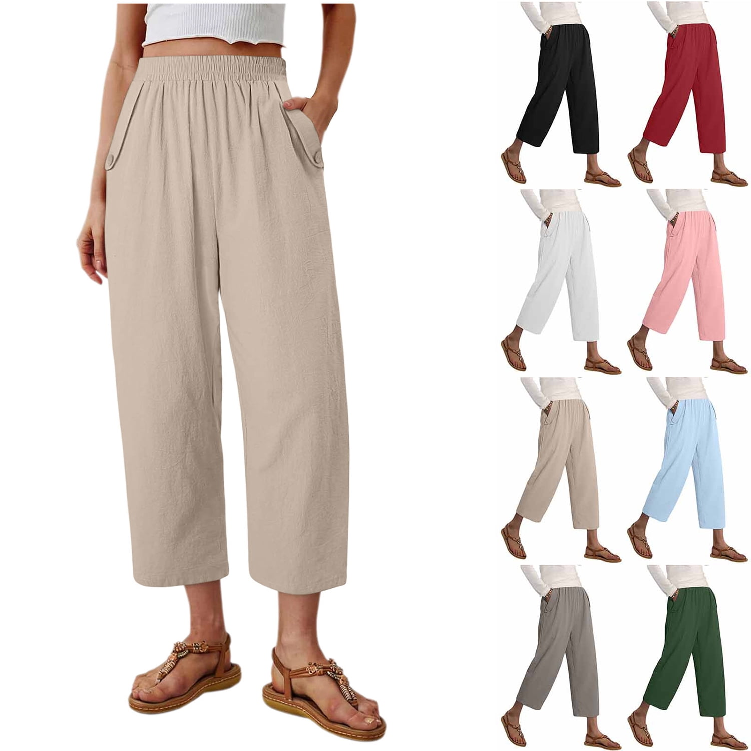 Zpzdpjkx Womens Summer Casual Cotton Linen Cropped Capri Pants