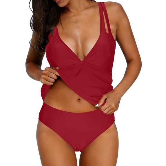 Zpzdpjkx Womens Tankini Swimsuits High Waisted Ruched Cutout V Neck Modest Bathing Suits Red S