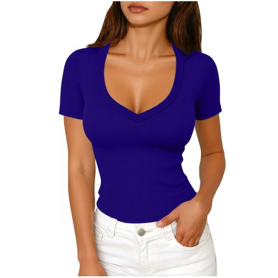 Zpzdpjkx Womens Tops 2026 Short Sleeve Deep V Neck Tee Shirts Summer Ribbed Slim Fit Knit Tunic Blouse