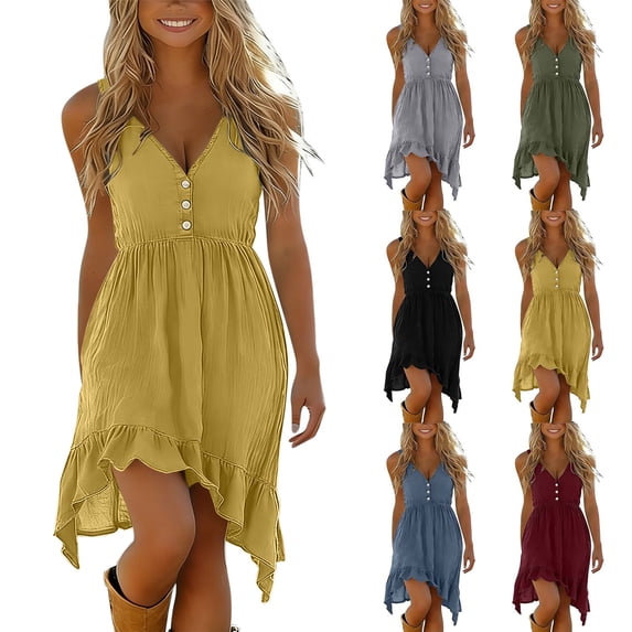 Zpzdpjkx Womens V-Neck Sleeveless Cotton Linen Dress with Irregular Ruffle Hem Casual High-Low A-Line Summer Dresses for Women