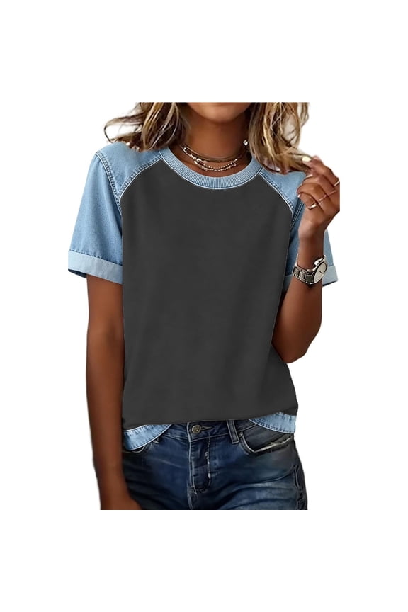 Womens Vintage Crewneck Tops Lightweight Denim Patchwork Short Sleeve Pullover Tee Shirts