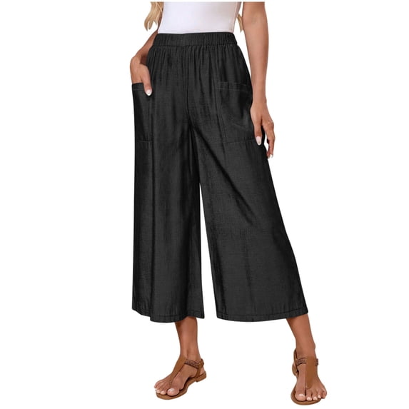 Zpzdpjkx Womens Wide Leg Capri Pants Summer Elastic Waist Cropped Cotton Trousers with Pocket