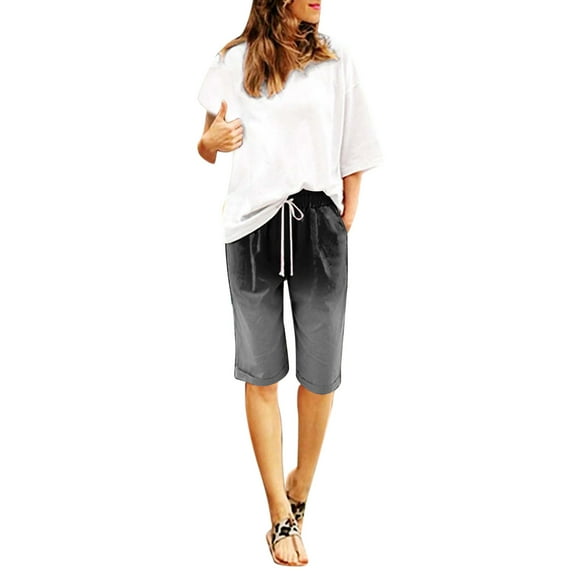 Zrbywb Women Fashion Casual Basic Shorts Women Print Summer High Waisted Prints Plus Size Shorts Lacing Beach Cotton Linen Pants Workout Pocket Lounge Five Point Pants