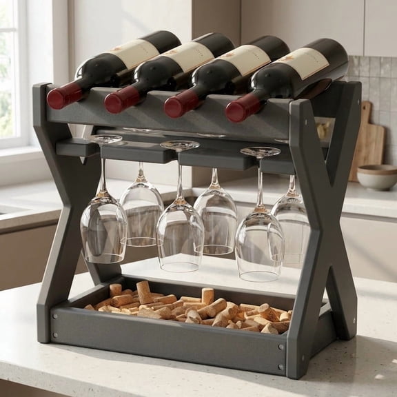 RIAFUN HDPE Countertop Wine Rack - 4-Bottle & 6-Glass Holder with Cork Storage, Stylish & Durable for Kitchen Island, Bar, Dining Table, Gray