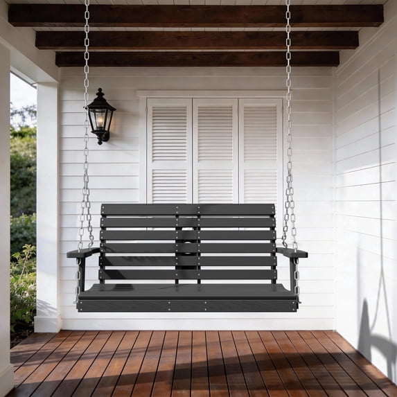 RIAFUN HDPE Hanging Porch Swing Chair, 2-Person Swing Bench with Adjustable Cup Holder & Ergonomic Design for Balcony, Garden, Poolside, Gray