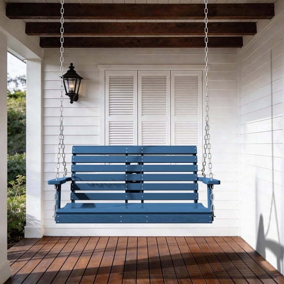 RIAFUN HDPE Hanging Porch Swing Chair, 2-Person Swing Bench with Adjustable Cup Holder & Ergonomic Design for Balcony, Garden, Poolside, Navy Blue
